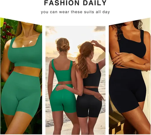 Miniatura 2 de FeelinGirl Conjuntos de entrenamiento para mujer, 2 piezas, sin costuras, brasier deportivo acanalado, pantalones cortos de cintura alta, tallas