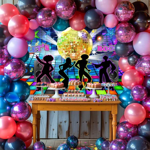 Miniatura 2 de Avezano Fondo de discoteca de regreso a los años 70, 80 y 90, decoración de fiesta de baile, pancarta Let's Boogie para fiesta de cumpleaños, telón