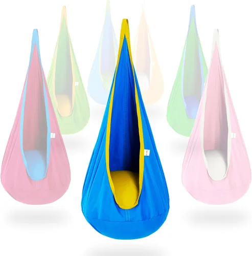 Miniatura 10 de OUTREE Asiento de columpio para niños, hamaca de algodón para niños, columpio sensorial para uso en interiores y exteriores, amarillo y blanco
