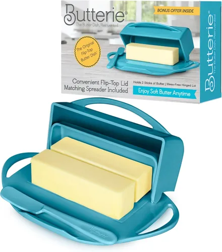 Butterie Mantequillera con Tapa Abatible y Cuchillo a Juego, Contiene 2 Barras/Mantequilla Europea, Soporte para Mantequilla Sin Derrames,