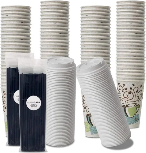 Juego de tazas de papel aisladas con diseño de pajitas y café, tazas de 16 onzas, tapas y palitos para beber (16 onzas, 100 tazas, 100 tapas, 100