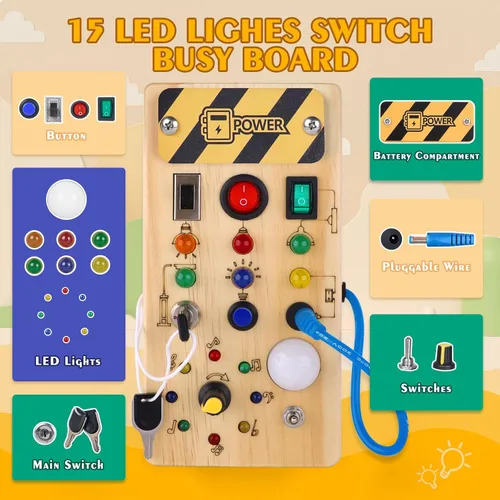 Miniatura 2 de Hoarosall Montessori Tablero de madera con 8 interruptores de luz LED, juguetes sensoriales, interruptor de luz, juguetes de viaje para bebés de 1