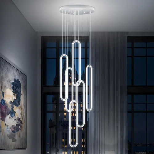 Miniatura 23 de Flashing God Candelabro moderno, candelabros cromados con 6 anillos LED, lámpara de techo alto más grande para sala de estar, lámpara rectangular