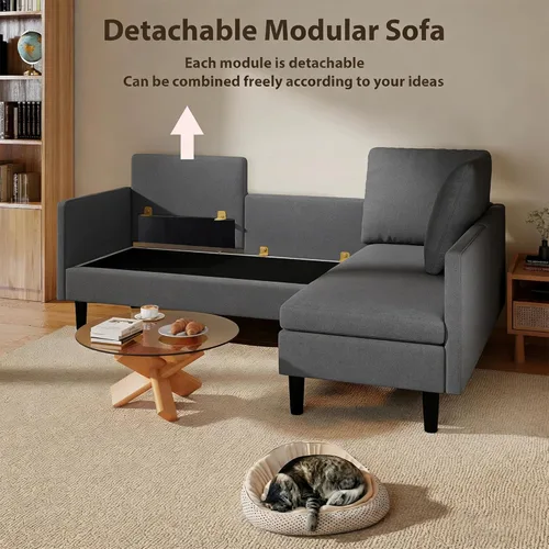 Miniatura 5 de Gizoon Sofá modular modular en forma de L, sofá cama moderno de 4 asientos con módulos desmontables, tela de tela de rizo, 6 patas para sala de Gris