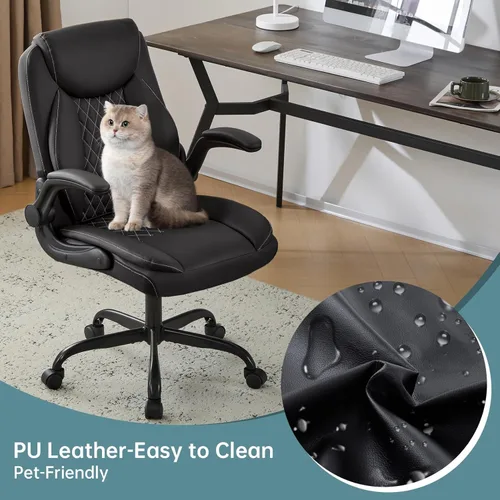 Miniatura 8 de YFO Silla ergonómica de cuero para oficina en casa, silla de oficina ejecutiva giratoria con soporte trasero con ruedas y reposabrazos abatibles