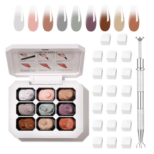 Miniatura 20 de Finger Secret - Juego de 9 colores de esmalte de uñas de gel Ombre Pat, paleta de esmaltes de gel con 20 esponjas de uñas para arte de uñas de gel