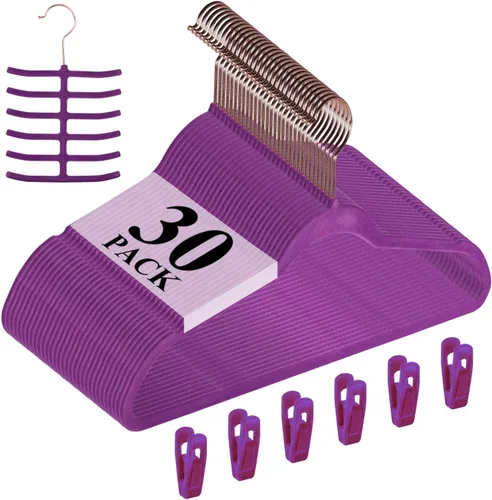 Miniatura 12 de VECELO Perchas de terciopelo de alta calidad resistentes (paquete de 60), antideslizantes y ahorran espacio con 8 clips para los dedos y soporte