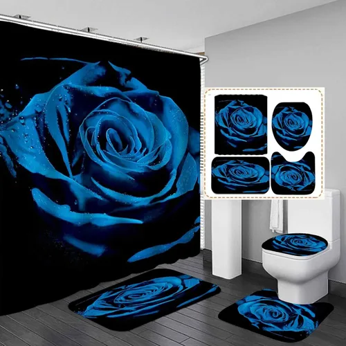 Juego de 4 cortinas de ducha con diseño floral azul real, decoración de baño con diseño de flores de lluvia, cortina de ducha negra de tela, regalos