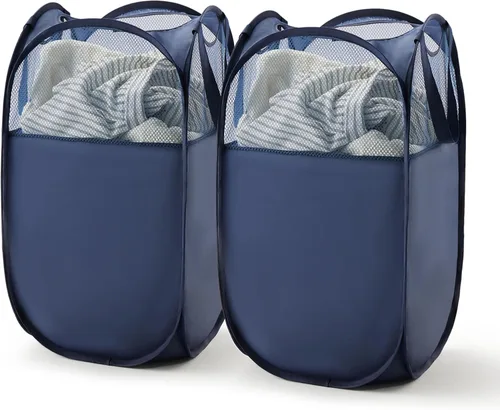 Miniatura 33 de TECHMILLY Cesta plegable de malla para la ropa sucia con asas resistentes y bolsillo lateral, cestas plegables portátiles para ropa para dormitorio