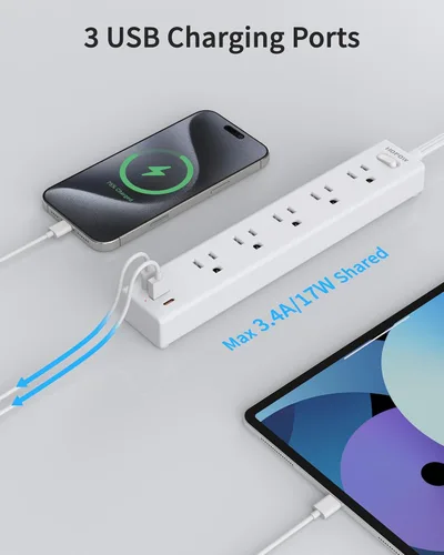 Miniatura 6 de HOPOW Regleta de alimentación con enchufe plano, cable de extensión plano ultra delgado de 6 pies, protector contra sobretensiones con 5 salidas y 3