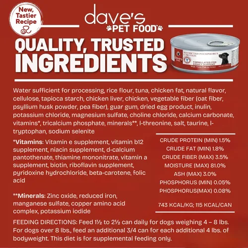 Miniatura 5 de Dave's Pet Food Comida para perros de apoyo renal (paté de atún), sin receta, bajo en fósforo, bajo en sodio, enlatado húmedo, cuidado renal renal