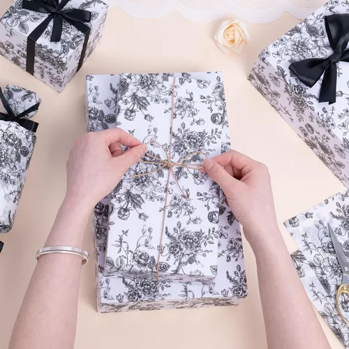 Miniatura 7 de Larcenciel Papel de seda negro, papel de seda floral vintage para bolsas de regalo, cajas, envoltura, manualidades, suministros de embalaje de arte