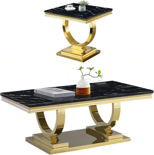 Miniatura 23 de Juego de 2 mesas de café de mármol, juego de mesa de sala de estar de 2 piezas que incluye 1 mesa auxiliar y 1 mesa auxiliar, moderna mesa auxiliar