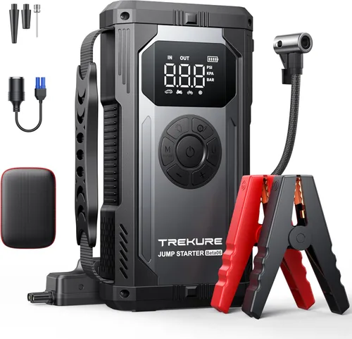 TREKURE Arrancador de batería de 8 en 1 con compresor de aire 6000A 150PSI portátil para automóvil (todo gas/10L diésel), arrancador de batería de
