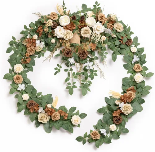 Miniatura 9 de Ling's moment Guirnalda de eucalipto y hojas de sauce de 9 pies con flor blanca, artesanal, centros de mesa para mesa de novios, decoración de mesa