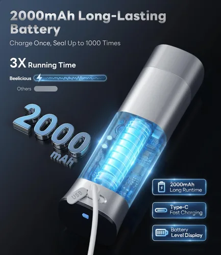 Miniatura 7 de Sellador al vacío de mano para alimentos, máquina selladora al vacío compacta de 75 kPa con batería recargable de 2000 mAh, diseño inalámbrico