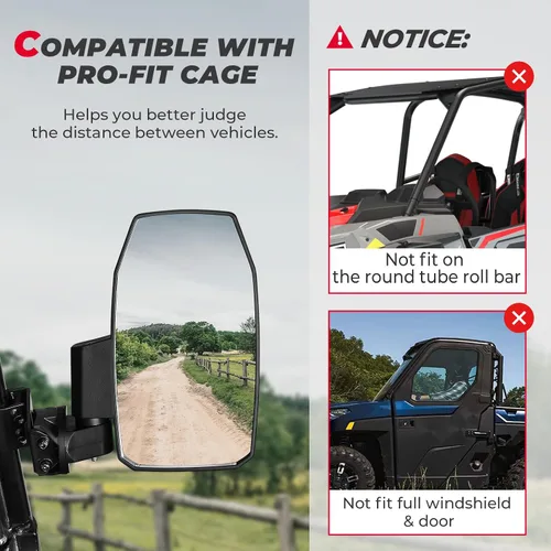 Miniatura 5 de KEMIMOTO UTV Pro-Fit - Espejos laterales grandes compatibles con Polaris Ranger XP 1000 900 570, abrazadera de tubo extendida, no más visión