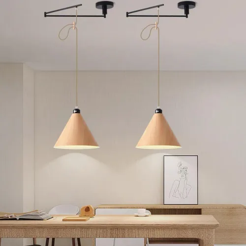 Miniatura 7 de Lámpara colgante ajustable con brazo oscilante, lámpara colgante de metal negro, lámpara de techo de grano de madera nórdica, iluminación moderna