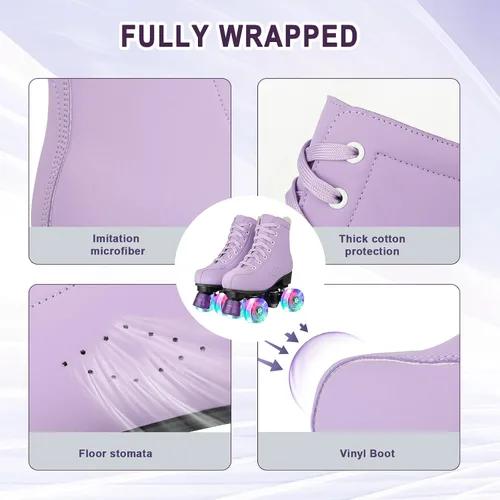 Miniatura 7 de Patines de ruedas para mujer, de doble fila, de piel sintética, con ruedas iluminadas, para exteriores púrpura (Purple Flashing Wheel)