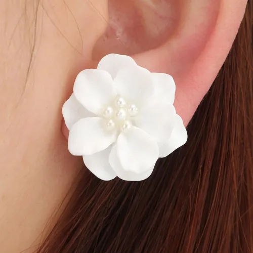 Miniatura 2 de Exaggeration - Aretes bohemios de perlas para mujer, flor de camelia, perlas blancas, aretes de tuerca Blosson, regalos de joyería de boda