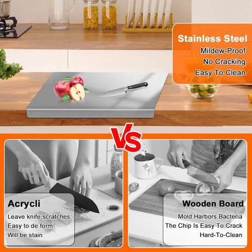 Miniatura 3 de Tabla de Cortar de Acero Inoxidable 304 con 2 Alfombrillas Antideslizantes, Yoposeo Tablas de Cortar Resistentes para Hornear para Cocina, Carne