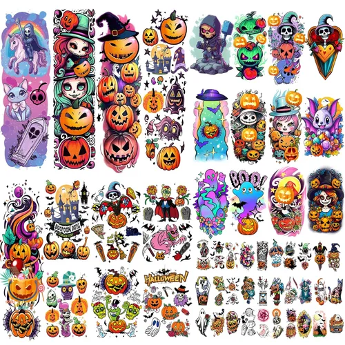 52 piezas de tatuajes temporales de Halloween de colores brillantes para niños, brazo completo para niñas y niños, calabaza, fantasma, castillo,