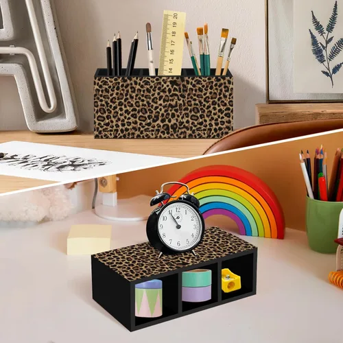 Miniatura 3 de Trendy Retro Leopard Print Pen Pencil Holder for Desk, Funky Cheetah Wooden Box Office Desk Accessories, Leopard Print Pen Holders Organizer for