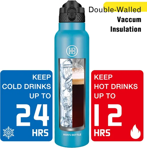 Miniatura 6 de Han's Bottle Botella de agua deportiva de 32 onzas, tapa con pajilla, a prueba de fugas, acero inoxidable aislado al vacío, doble pared, taza Océano