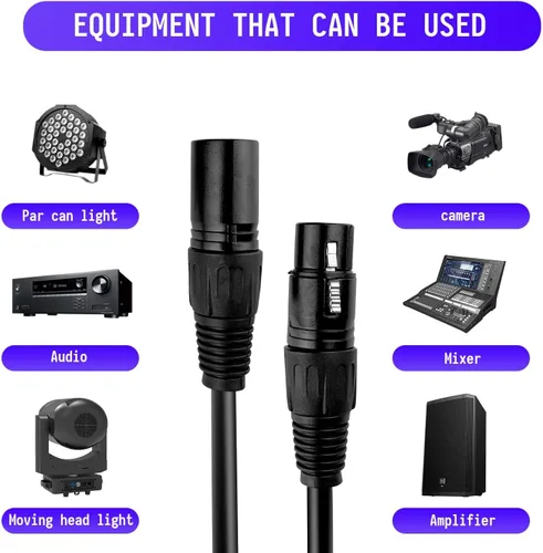 Miniatura 5 de Cable DMX de 3.9 pies, paquete de 6 cables flexibles XLR macho a hembra de 3 pines para señal de iluminación de escenario, conexión XLR, cable