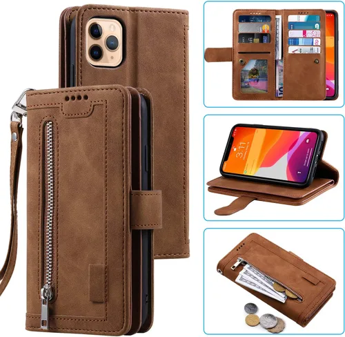 Miniatura 30 de UEEBAI Funda tipo cartera para iPhone 12 Mini de 5.4 pulgadas, retro 9 ranuras para tarjetero, bolsillo con cremallera, cierre magnético, función