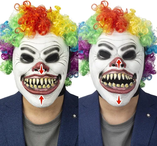 Miniatura 3 de PartyHop Máscara de payaso con peluca de látex de mandíbula móvil de cabeza completa, máscara de terror aterrador, vestido elegante para Halloween