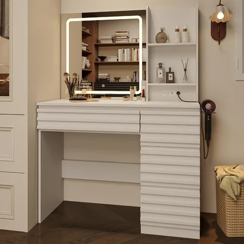 Miniatura 7 de Escritorio estriado con espejo y luces HD, mesa de tocador de maquillaje de madera con 4 cajones y estantes abiertos, juego de tocador de mediados