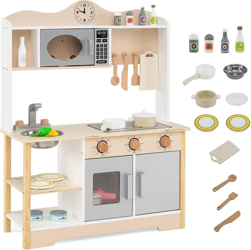 Miniatura 11 de HONEY JOY Juego de cocina para niños, cocina de madera para niños pequeños, microondas, campana extractora, máquina de hielo, 18 accesorios de Gris