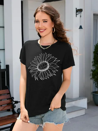 Miniatura 6 de DEARCASE Camiseta de otoño para mujer, diseño de girasol, holgada, cuello redondo, manga corta, informal, para mujer