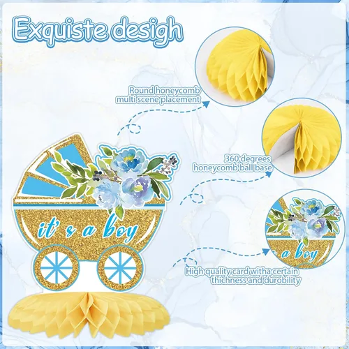 Miniatura 3 de Tarklanda 12 centros de mesa de nido de abeja para baby shower, decoración de fiesta para niños, diseño floral azul dorado con texto en inglés "It's