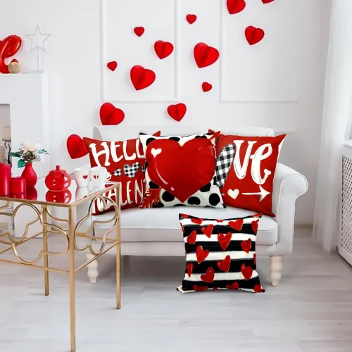 Miniatura 7 de Vellibring Fundas de almohada de San Valentín – 18 x 18 pulgadas a rayas de lunares, diseño de corazón de búfalo, almohadas decorativas para sofá