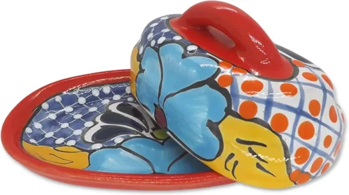 Miniatura 8 de Cuenco para Mantequilla de Cerámica Talavera con Tapa Pintada a Mano, Auténtica Cerámica Mexicana de Cocina, Diseño Floral (Rojo)