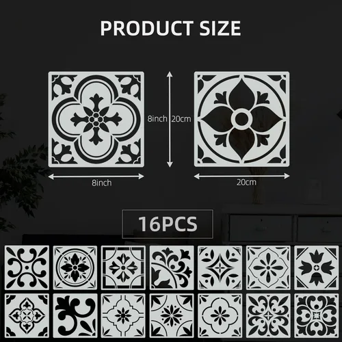 Miniatura 2 de Juego de 16 plantillas de azulejos españoles (8 x 8 pulgadas) patrones auténticos para suelo y pared, plantillas de azulejos reutilizables