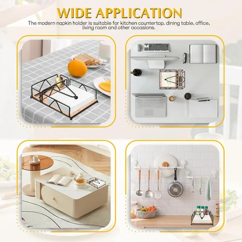 Miniatura 5 de Servilleteros para servilletas de papel, servilletero plano con base de madera, cesta de servilletas de acero inoxidable negro para cocina, fiesta