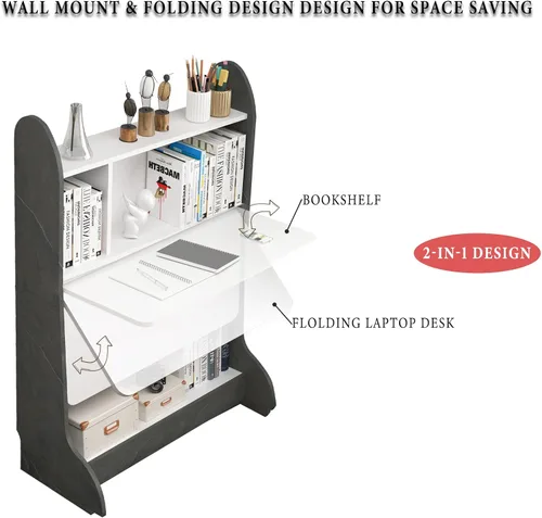Miniatura 3 de Pmnianhua Escritorio de pared plegable, escritorio de pared extraíble que ahorra espacio con estante de almacenamiento, mesa de estudio, escritorio