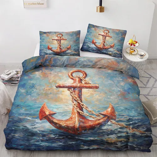 Miniatura 24 de Funda de edredón de ancla, tamaño individual, juego de cama náutico, 2 piezas, funda de edredón con patrón de microfibra suave con lazos