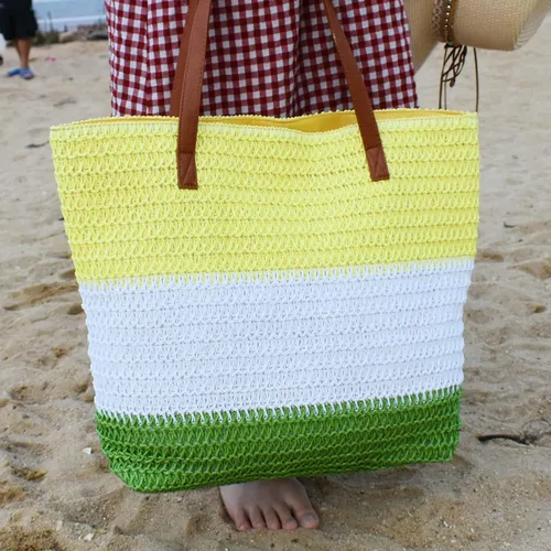 Miniatura 32 de Bolso grande de paja para mujer, tejido de ratán, bolso de playa de verano, a rayas