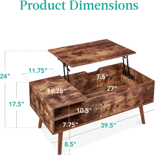 Miniatura 2 de Best Choice Products Mesa auxiliar elevable, mesa de centro multifuncional de madera de mediados de siglo para sala de estar con almacenamiento