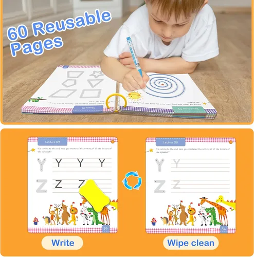 Miniatura 5 de Actividades de Aprendizaje Preescolar 60 Páginas Reutilizables, Libro de Práctica de Escritura de Letras y Números para Niños, Juguetes