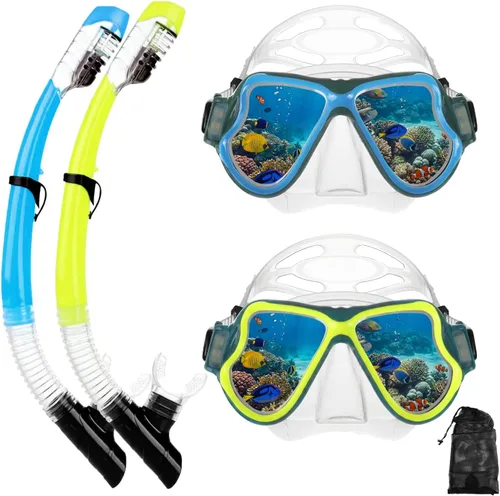 Miniatura 24 de Equipo de esnórquel para adultos, jóvenes y niños, juego de máscara de esnórquel con parte superior seca, juego de máscara de buceo antivaho