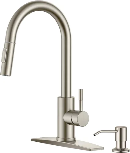 Miniatura 17 de FORIOUS Grifo de cocina con rociador desplegable, níquel cepillado, arco alto, moderno, clásico, grifo de fregadero de acero inoxidable con placa