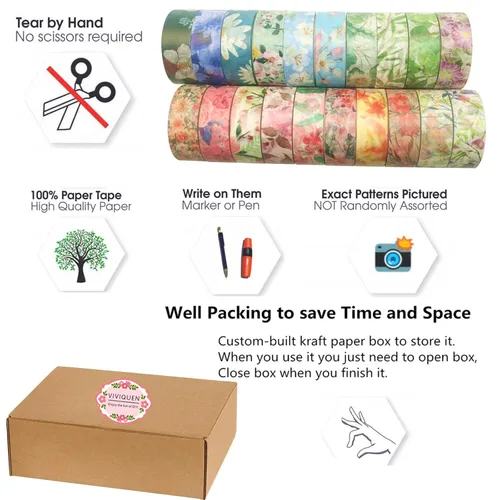 Miniatura 3 de VIVIQUEN Juego de 20 rollos de cinta washi de flores, 0.591 in de cinta washi floral para diario de viñetas, cintas decorativas de enmascaramiento