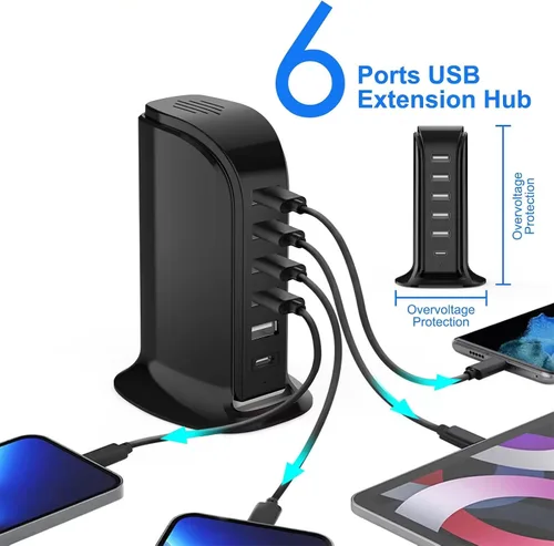 Miniatura 3 de Estación de carga USB para múltiples dispositivos, torre de carga multipuerto, puerto USB-C compatible con carga rápida PD compatible con iPhone