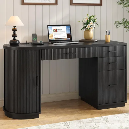 Miniatura 3 de ONBRILL Escritorio ejecutivo acanalado de 58 pulgadas, escritorio para computadora con cajones de almacenamiento y cajón de archivos, moderno Negro