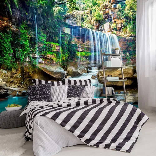 Papel tapiz de tela con paisaje de cascada de lago verde, sala de estar, bosque, montaña, dormitorio, baño, mural de pared - 91 x 65 pulgadas (no se